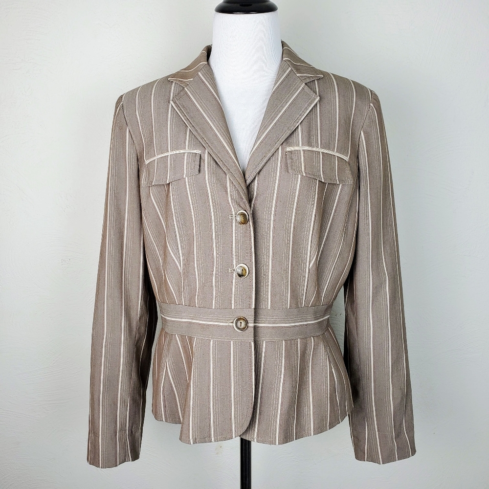 Garfield & Marks Blazer Jacket Pinstripe Brown Tan Career Office Vintage Neutral